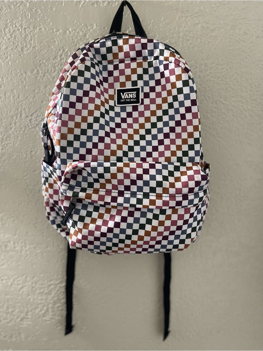 Vans Kids Checkerboard Backpack in Black, White, Brown, and Purple